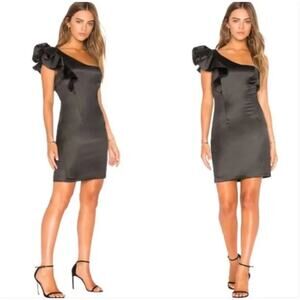 BARDOT | Black Satin One Shoulder Ruffle Sleeve Mini Cocktail Dress LBD | Size 6